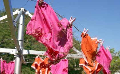 Adrienne Kneebone. As rough as grass undies, 2006/2015. Mixed media installation: Clothes hoist, cotton underwear, Cockatoo Grass seeds (Dicanthium sereciun) and Spear Grass seeds (Sorgum intrans). Reproduced courtesy of the artist.